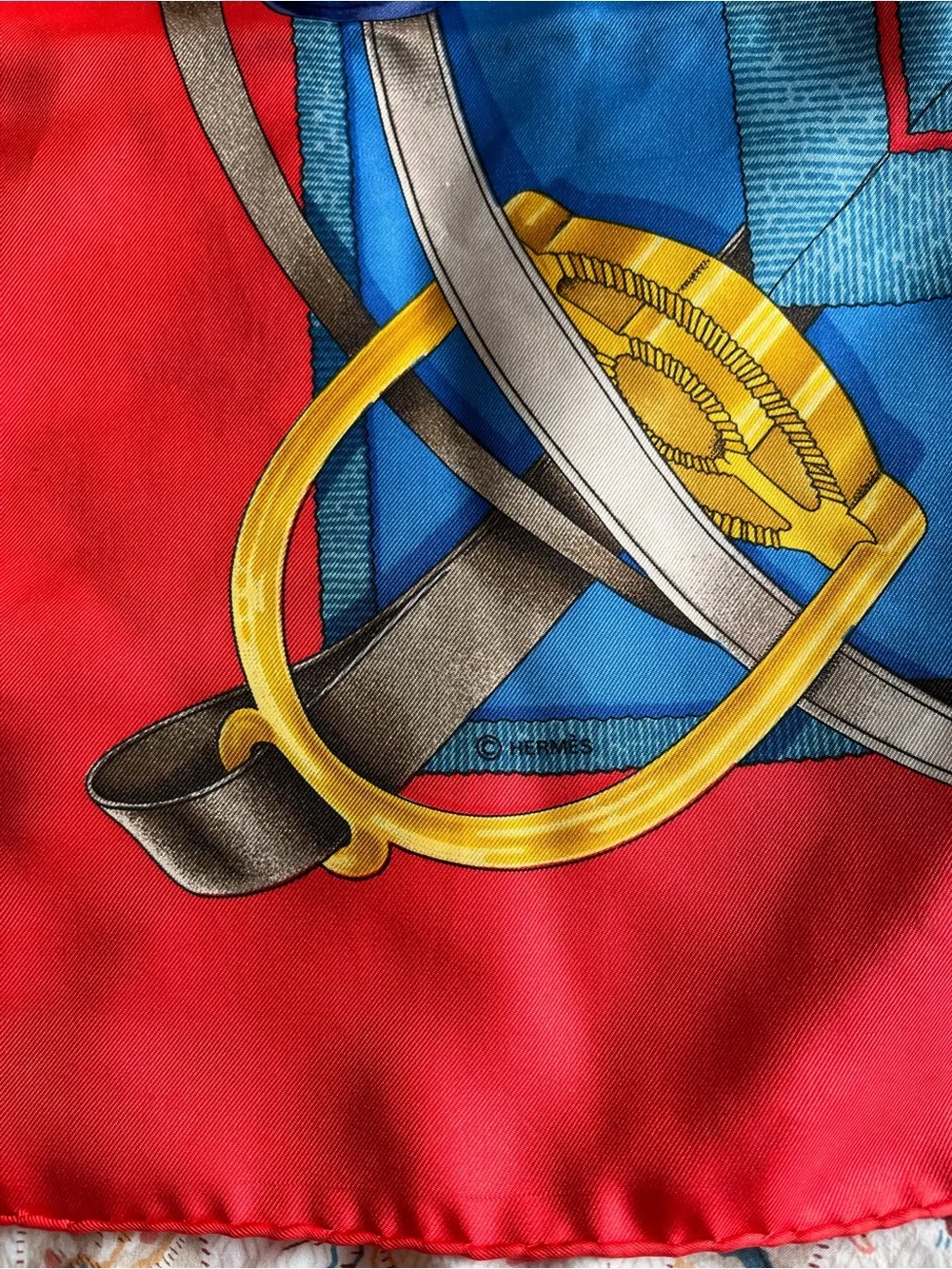 Hermes Vintage Grand Manage 90 Red, Blue & Gold Equestrian Silk Scarf